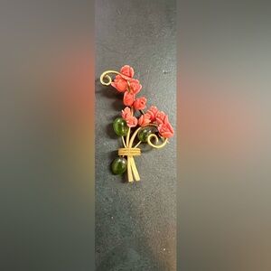 Vintage Genuine Reddish Orange Coral Flowers & Green Jade Bead Bouquet Brooch